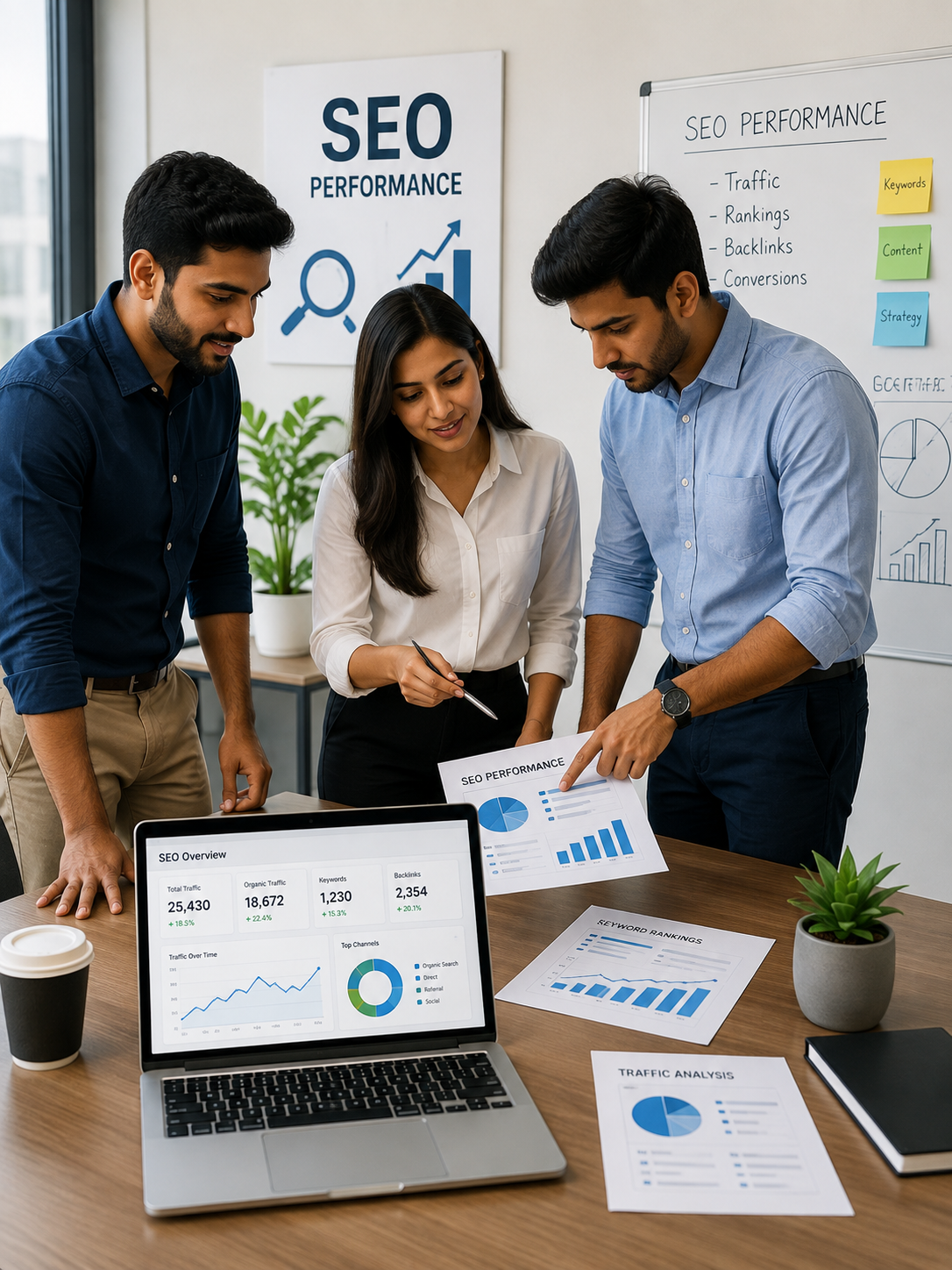 Business team reviewing SEO performance and organic search growth