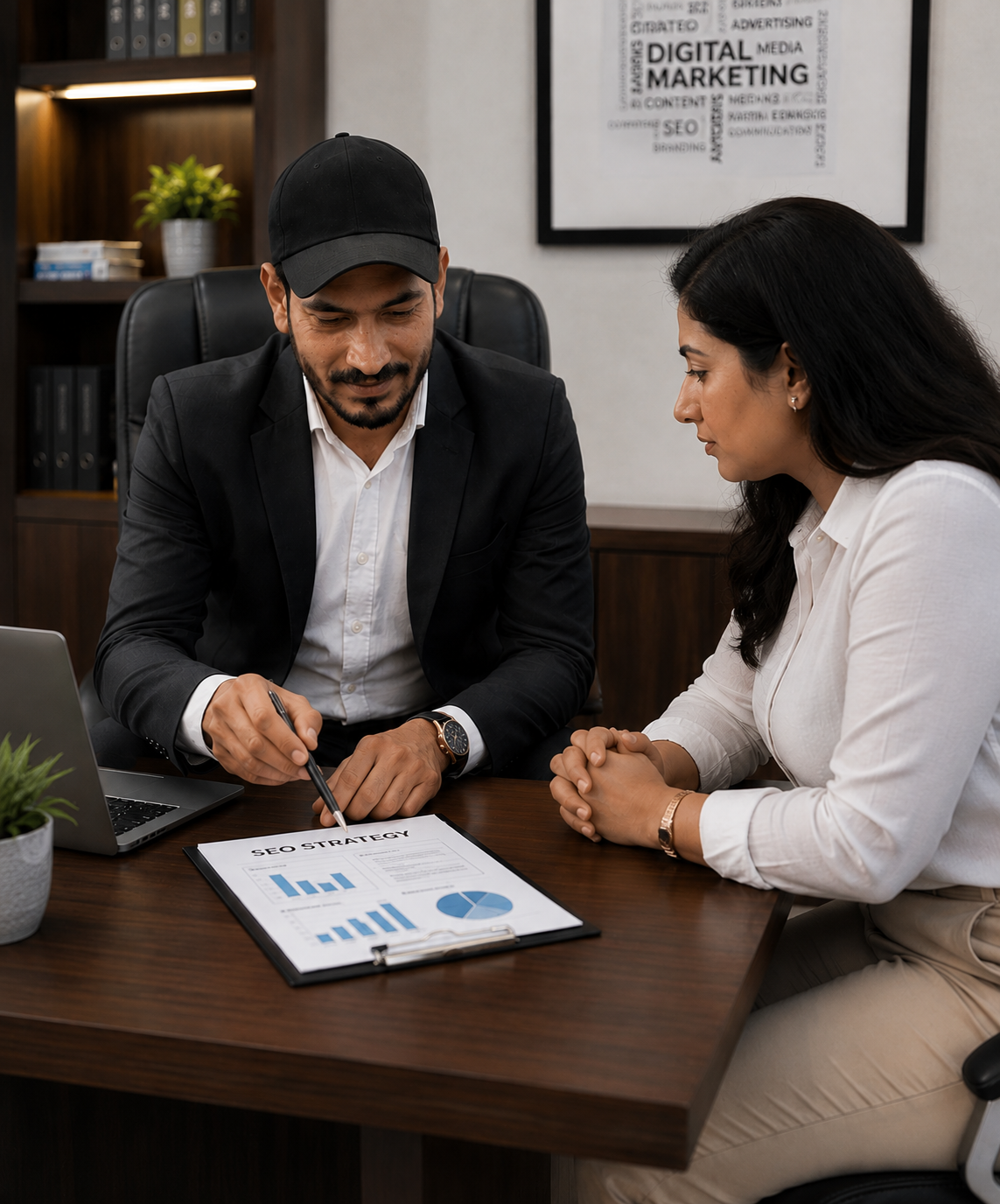 SEO consultant discussing organic search strategy with a business