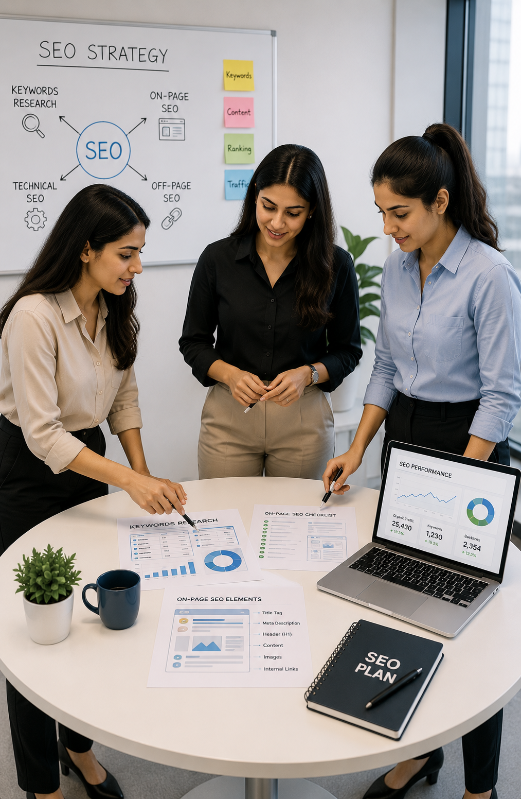 SEO specialists reviewing search data, keyword research and website performance